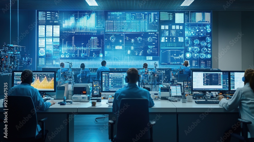 Digital transformation scene for a gas company, showcasing advanced technology integration, and data analytics in a modern control room. Engineers analyzing real-time data on large screens, Digital transformation scene for a gas company, showcasing advanced technology integration, and data analytics in a modern control room. Engineers analyzing real-time data on large screens,