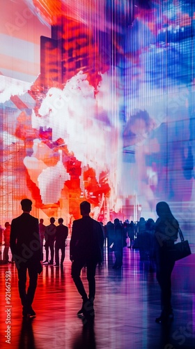 Exhibition stand expo event trade fair hall with busy bustling business people walking to conferences with  colorful minimalist gradient background effect. Generative AI