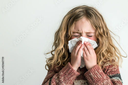 Young Girl Sneezing into Tissue, Expressing Discomfort from Cold or Allergies