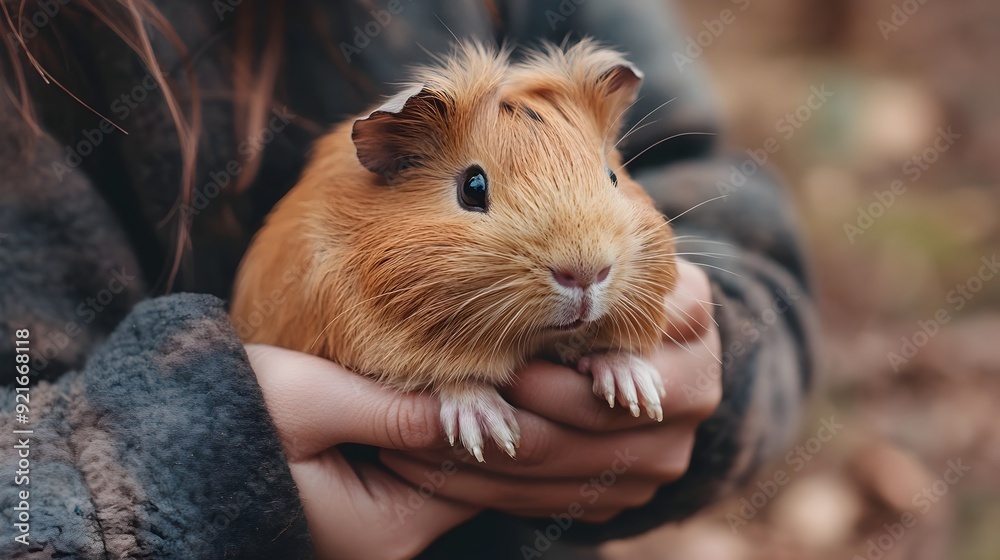 A person gently stroking the soft furry coat of a beloved pet guinea pig in their hands A person gently stroking the soft furry coat of a beloved pet guinea pig in their hands