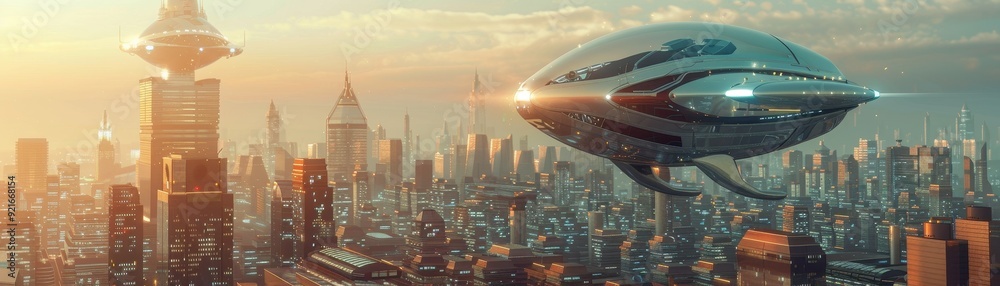 Futuristic Cityscape with Flying Car at Sunset - Advanced Technology and Modern Architecture Futuristic Cityscape with Flying Car at Sunset - Advanced Technology and Modern Architecture