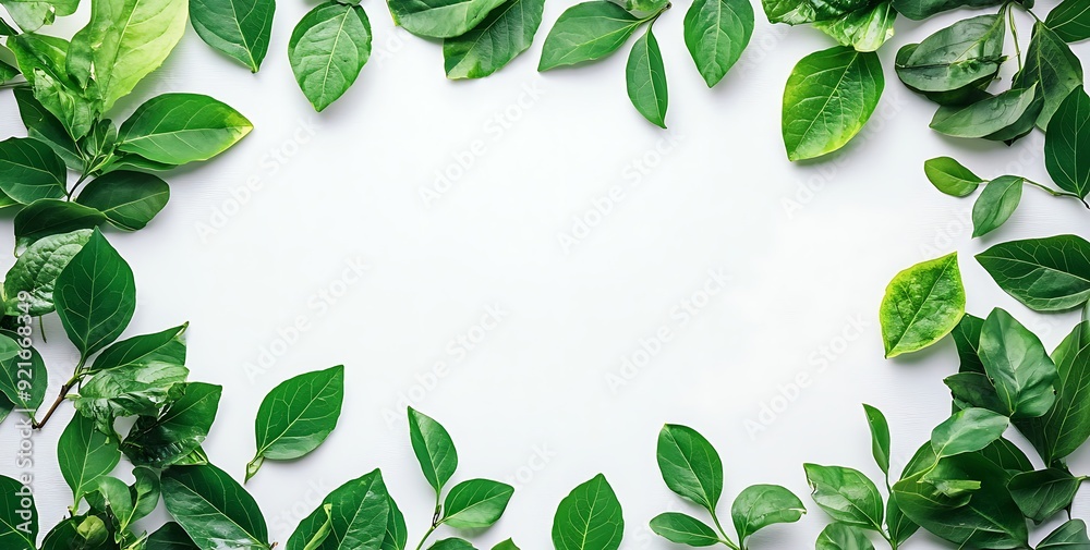 Fresh green leaves arranged in a frame shape on a white background, leaving space for text or design. Fresh green leaves arranged in a frame shape on a white background, leaving space for text or design.