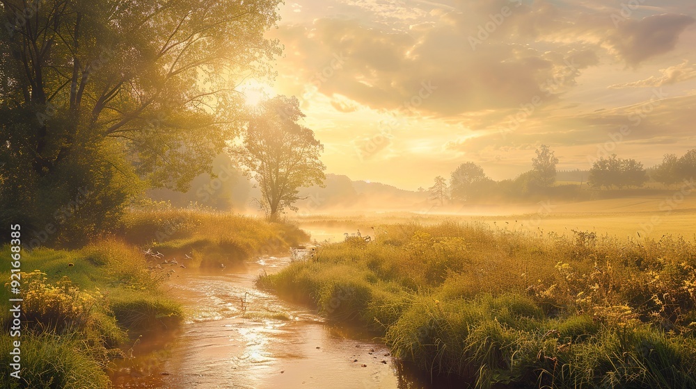 Obraz premium Expansive wild nature scene with towering mountains, lush forests, and a crystal-clear river flowing through the valley, all bathed in the golden light of sunrise,