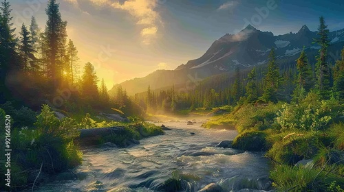 Expansive wild nature scene with towering mountains, lush forests, and a crystal-clear river flowing through the valley, all bathed in the golden light of sunrise,  photo