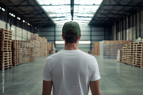 Man in White T-Shirt and Green Cap Standing in Industrial Warehouse, Back Turned