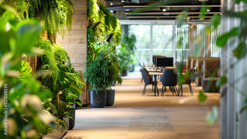 Modern office with abundant greenery, eco-friendly workspace promoting business productivity and employee wellbeing