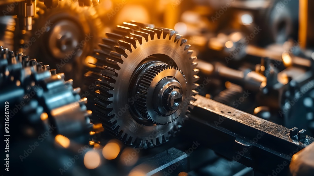 Close up of Intricate Metallic Gears and Cogs in a Illuminated Machine Shop