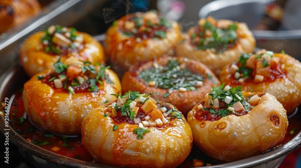Close-up of spicy pani puri with flavored water and tamarind chutney, served from a traditional Indian street food cart