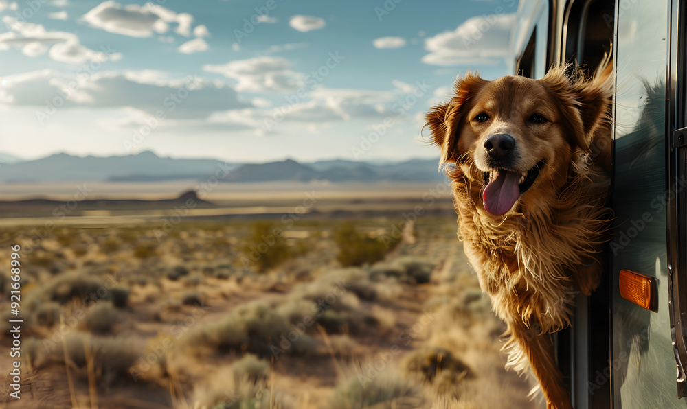 Obraz premium A dog is looking out of a car window in a desert. The dog is brown and has a tongue sticking out. The desert landscape is vast and empty, with no other people or animals in sight