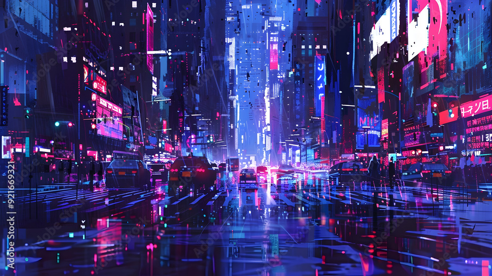 Obraz premium Neon Cityscape Illustration: A Futuristic City Night with Vibrant Lights