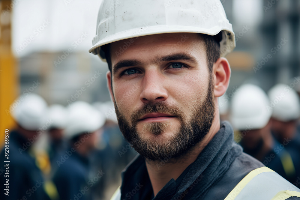 Confident Construction Engineer in Hard Hat Leading a Team on Site Confident Construction Engineer in Hard Hat Leading a Team on Site