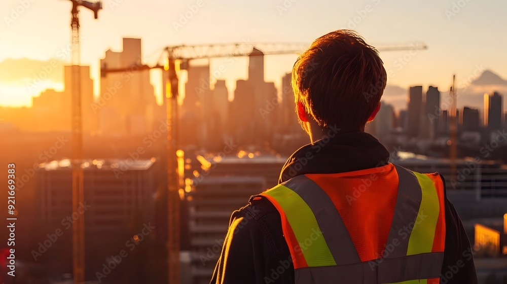 Engineer in Safety Vest Overlooking City Skyline at Sunset Engineer in Safety Vest Overlooking City Skyline at Sunset