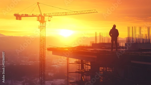 Engineer Silhouette on Bridge Construction at Sunset