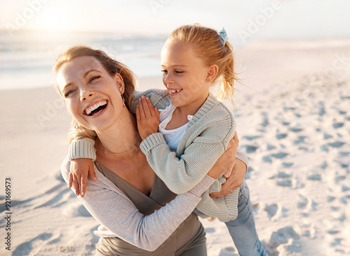 Photography Laughing, mother and child hug at beach with travel, holiday and summer vacation in Florida