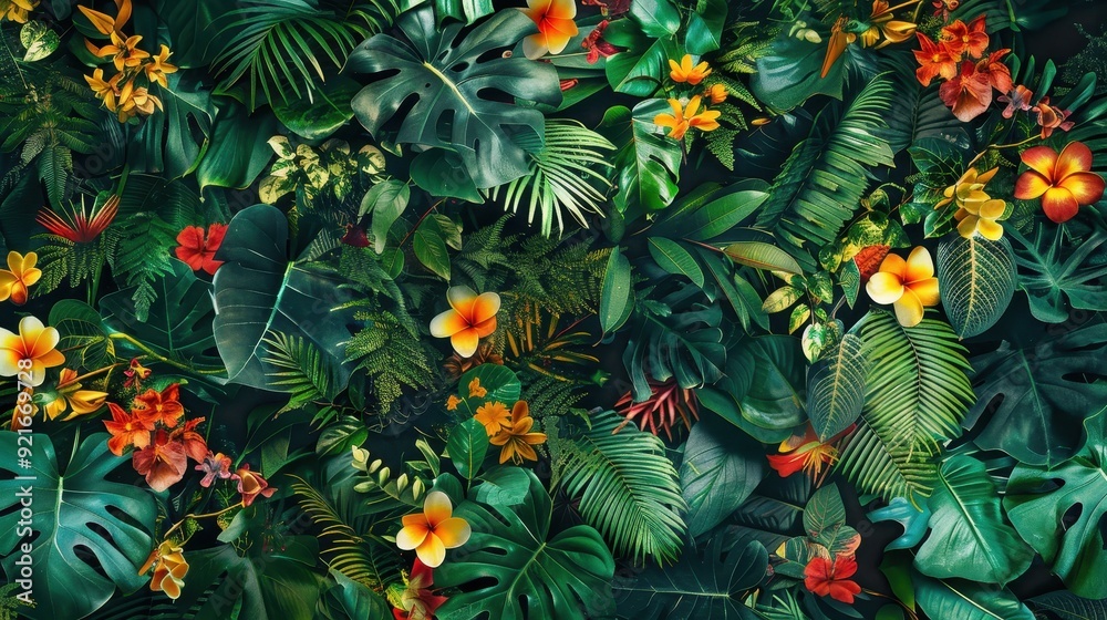 A rich display of colorful flowers and diverse green leaves thriving in a beautiful garden A rich display of colorful flowers and diverse green leaves thriving in a beautiful garden