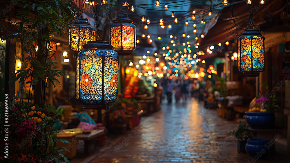 Obraz premium Diwali decorations with colorful lights and lanterns, emphasizing the festival's theme of light and goodness, high resolution.