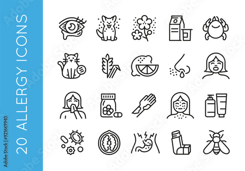 Allergy icons. Set of 20 trendy minimal allergy icons. Example: Eye, Cat, Flower, Milk, Crab icon. Design signs for web page, mobile app, packaging design. Vector illustration.