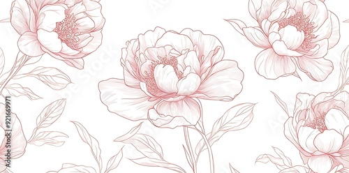 Delicate line art peonies with leaves in pink on white background.