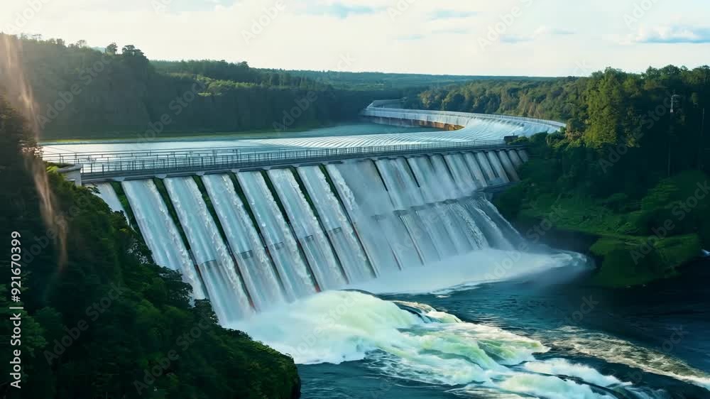 A panoramic shot of a hydroelectric dam against the backdrop of rolling hills, showcasing the stunning landscapes where renewable energy thrives. FHD footage A panoramic shot of a hydroelectric dam against the backdrop of rolling hills, showcasing the stunning landscapes where renewable energy thrives. FHD footage