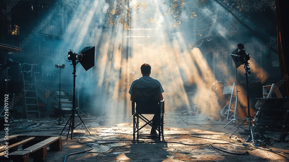 Fototapeta premium Guy in directors chair in front of large movie set