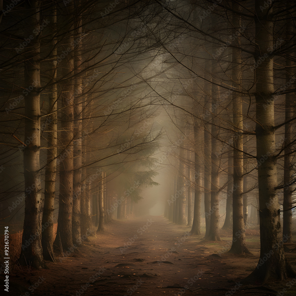 Naklejka premium A forest path with trees on both sides. The atmosphere is dark and mysterious