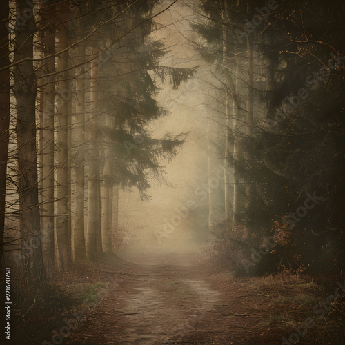 A forest path with trees in the background. Scene is mysterious and eerie