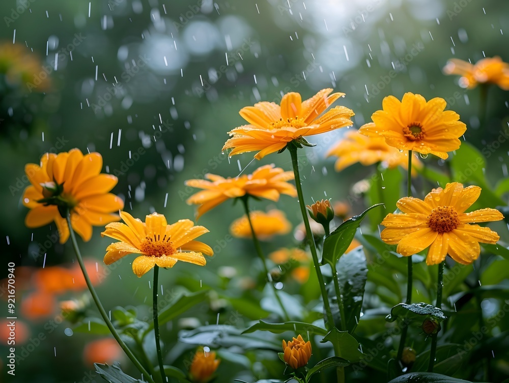 Vibrant Rainy Garden Flowers in Close up with Freshness and Lush Natural Greenery Vibrant Rainy Garden Flowers in Close up with Freshness and Lush Natural Greenery