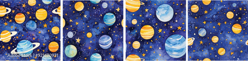 watercolor pattern with planets and stars 