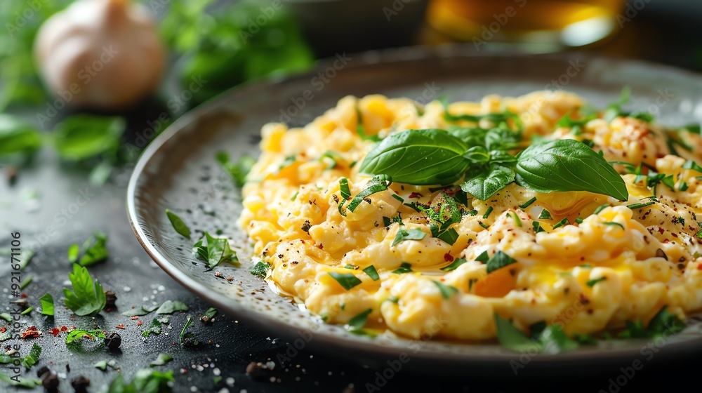 A plate of scrambled eggs garnished with herbs and spices. A plate of scrambled eggs garnished with herbs and spices.