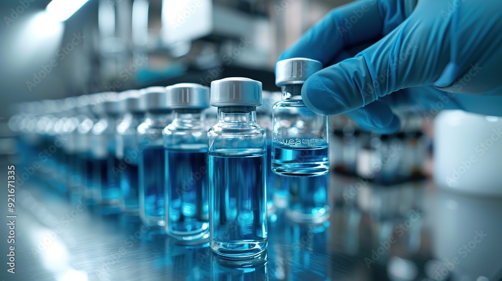 HO scale Close-up of a hand in blue medical gloves holding a glass vial with liquid, with a set of bottles on a table against a light background, emphasizing a medical and science concept, HO scale Close-up of a hand in blue medical gloves holding a glass vial with liquid, with a set of bottles on a table against a light background, emphasizing a medical and science concept,