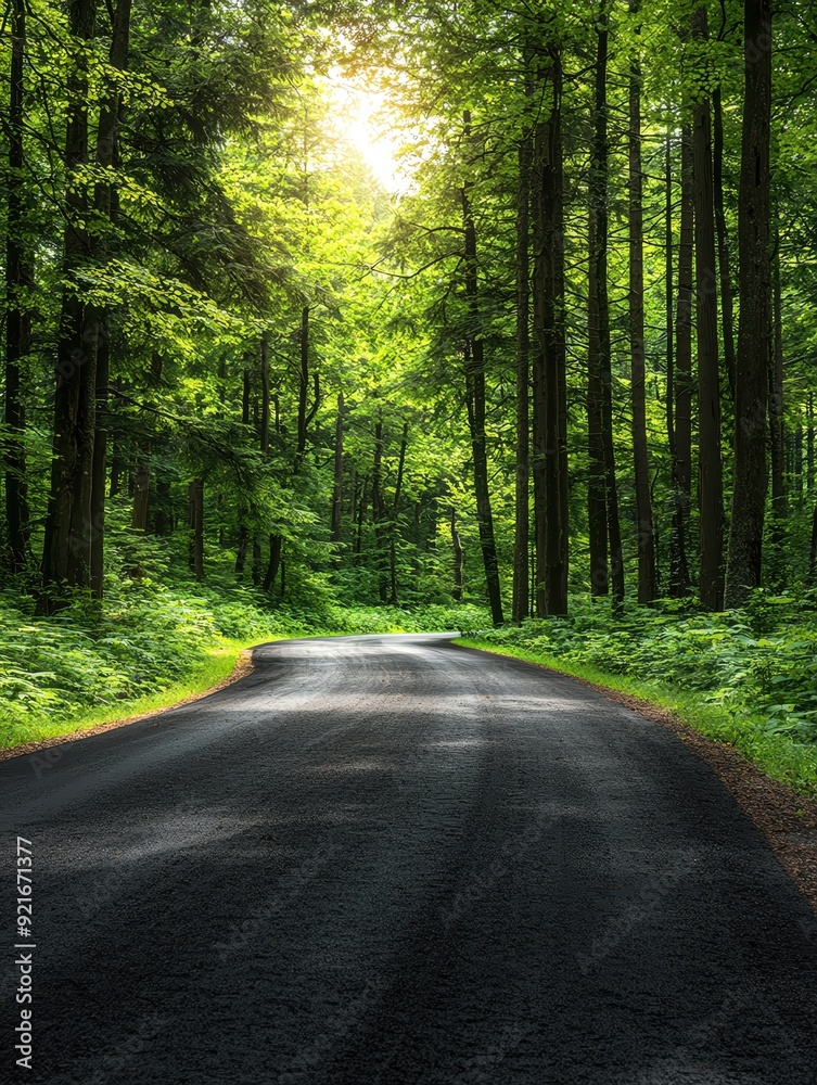 Obraz premium A peaceful, winding road through a lush green forest, inviting exploration and tranquility in nature's embrace.