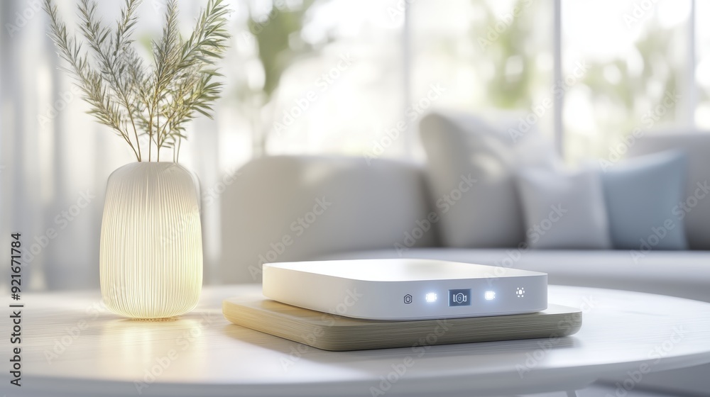 Modern White Smart Home Device on Table with Vase Modern White Smart Home Device on Table with Vase