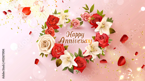 Happy Anniversary floral heart with sparkling confetti on pink background. Generative Ai