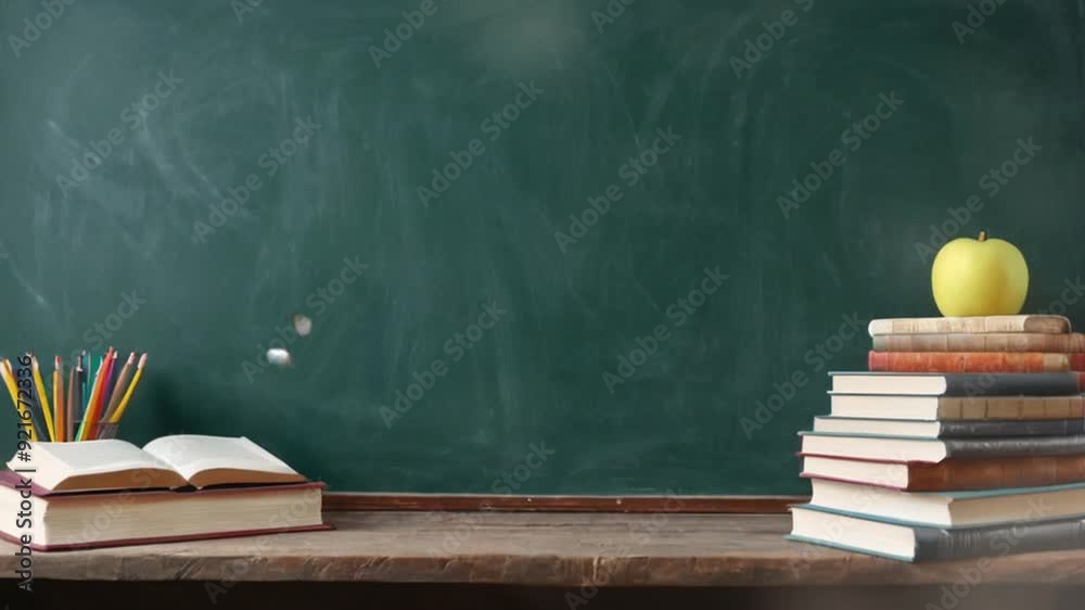 back to school blackboard with books and apple. seamless and looping animation background 4k