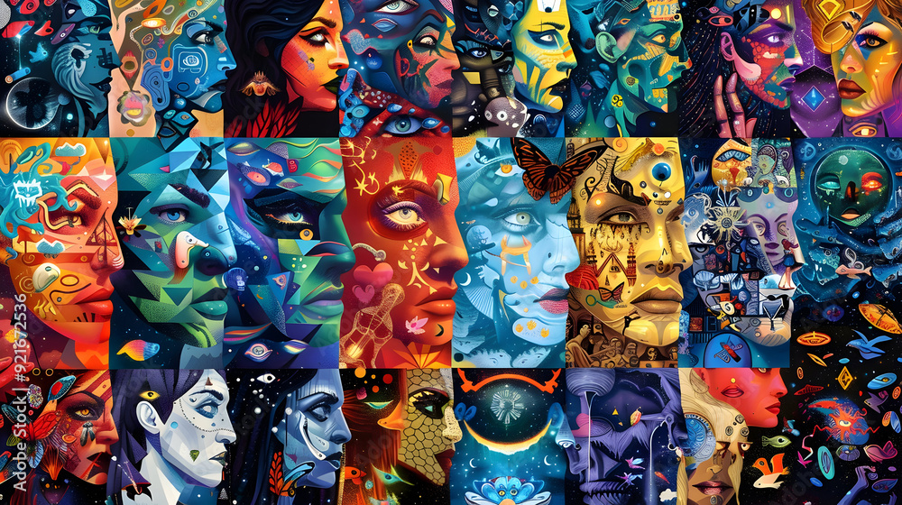 Fototapeta premium Abstract Collage of Faces with Cosmic and Surreal Elements Illustration