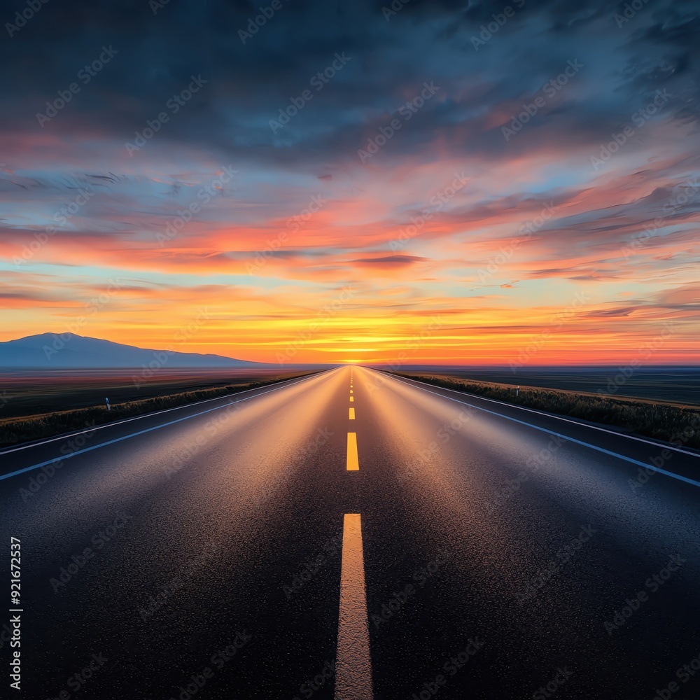 A serene road stretches into a vibrant sunset, highlighting the beauty of nature's colors and the journey ahead. A serene road stretches into a vibrant sunset, highlighting the beauty of nature's colors and the journey ahead.