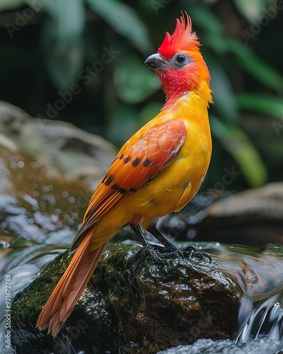 A vibrant yellow and red bird perches on a rock beside a flowing stream.
