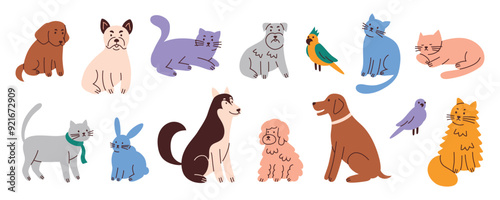 Vector illustration set of cute pets, collection of cats, dogs, parrots. Domestic animals, rabbit icon. Adorable husky, bulldog, schnauzer, doberman, siberian cat. Flat cartoon style for pet care