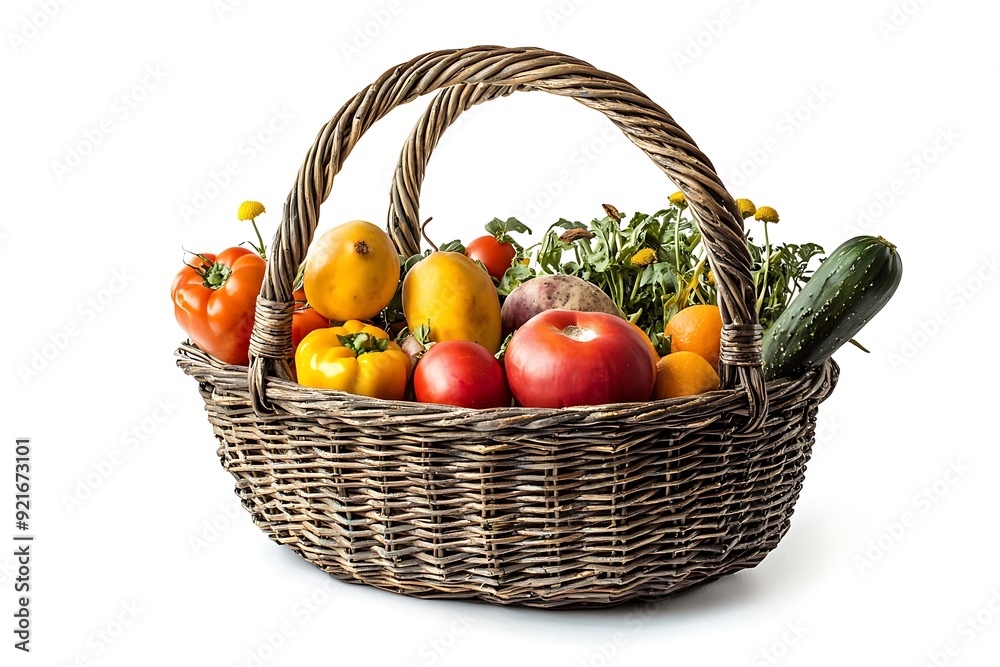 A wicker basket filled with a variety of fresh produce including tomatoes, peppers, cucumbers, and mangoes. A wicker basket filled with a variety of fresh produce including tomatoes, peppers, cucumbers, and mangoes.