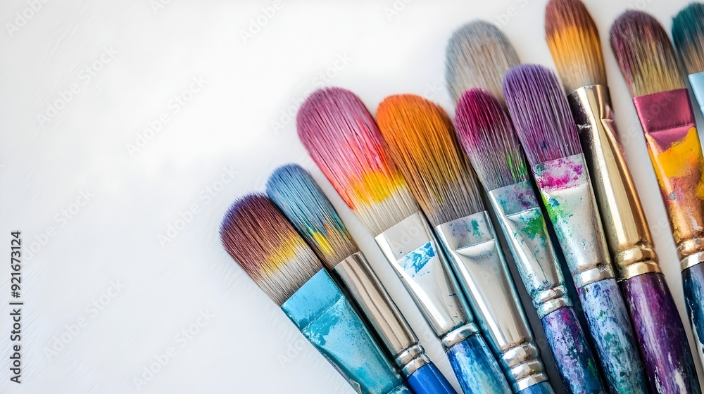 Fototapeta premium Vibrant Paintbrushes Arranged on a White Surface
