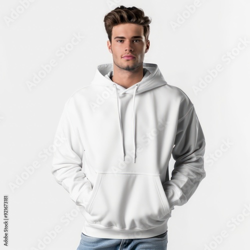 man wearing a white hoodie, mockup on a white background