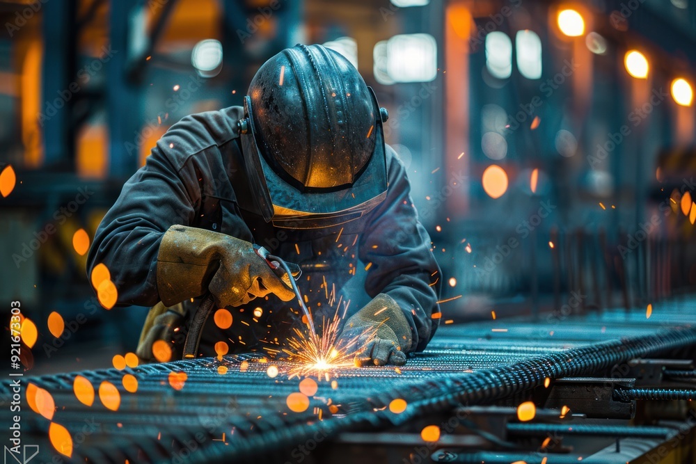 Industrial Welder at Work in a Factory Industrial Welder at Work in a Factory