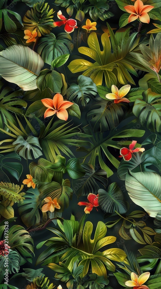 Colorful flowers bloom among rich green tropical leaves in a vibrant display of nature Colorful flowers bloom among rich green tropical leaves in a vibrant display of nature