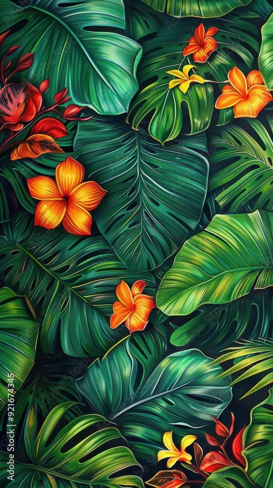 Naklejka premium Lush green leaves and bright orange flowers create a vibrant tropical atmosphere filled with natural beauty