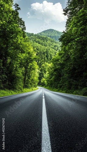 A tranquil road surrounded by lush green trees, leading to distant mountains under a clear blue sky, perfect for nature lovers.