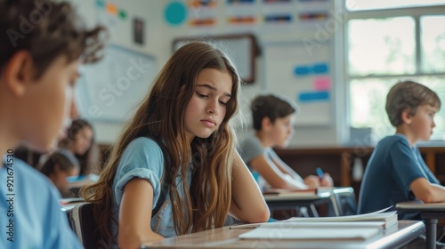 A young girl sits at her desk in an elementary school classroom, looking bored and tired