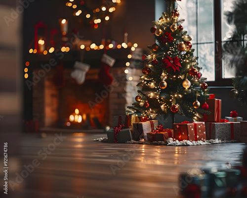 A Christmas tree is lit up in a room with a fireplace. There are many presents under the tree, and a few boxes are scattered around the room. Scene is festive and cozy