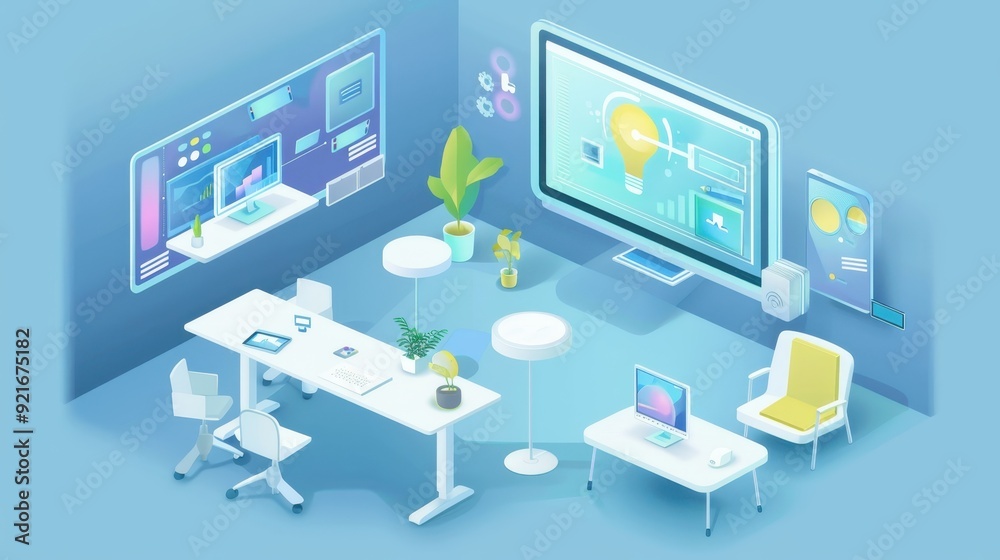 Futuristic office with digital screens, modern furniture, and plants. High-tech workspace for productivity and innovation. Futuristic office with digital screens, modern furniture, and plants. High-tech workspace for productivity and innovation.