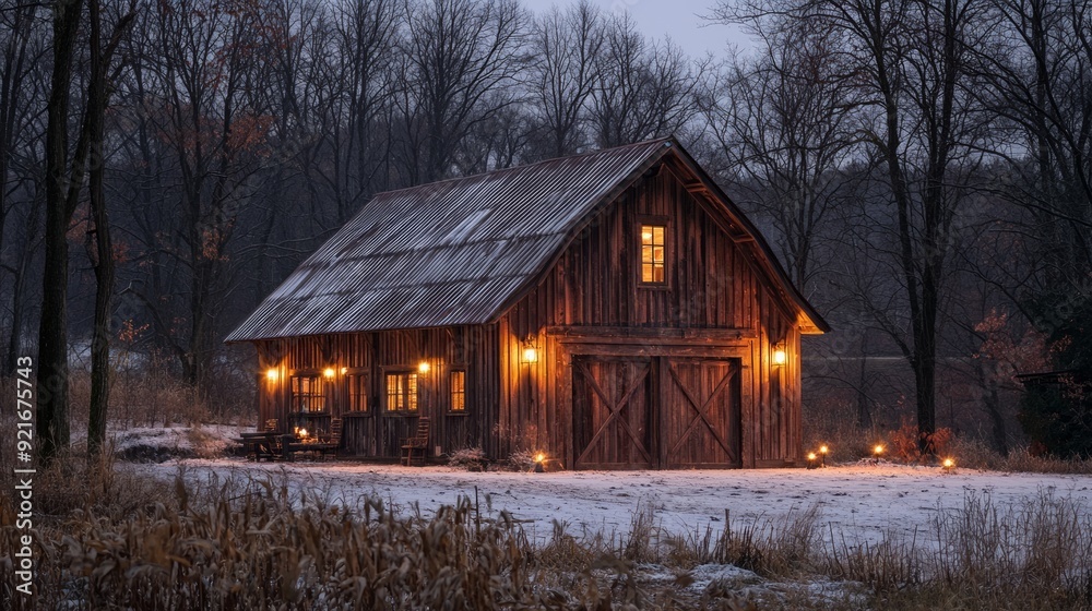 Rustic wooden cabin illuminated at night in a snowy forest Rustic wooden cabin illuminated at night in a snowy forest