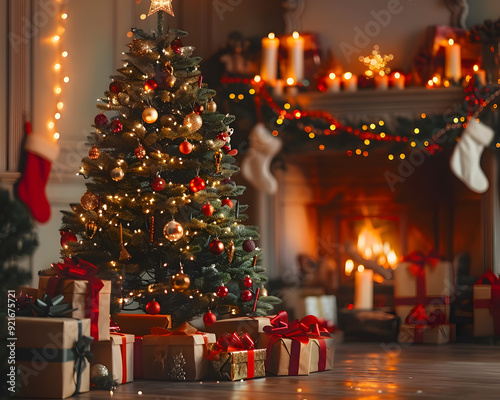 A Christmas tree is lit up with lights and ornaments. The room is decorated with a fireplace and presents